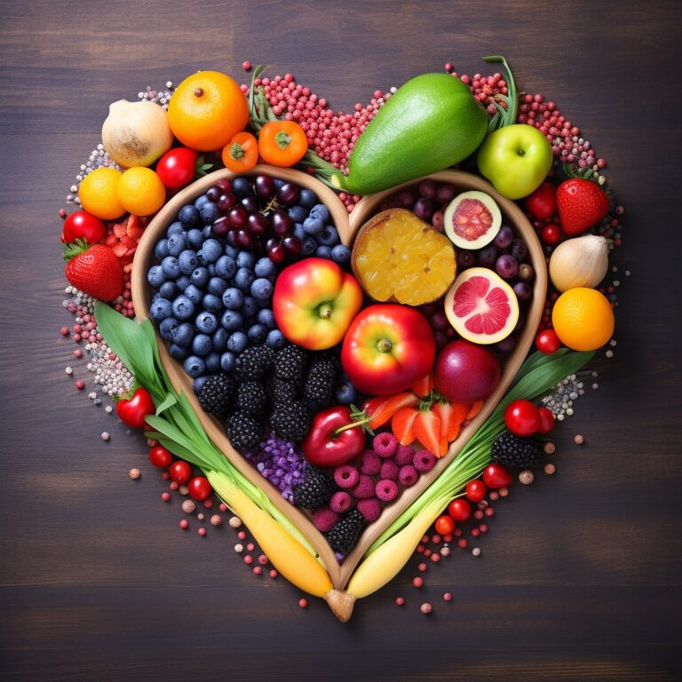 A vibrant image showcasing a healthy heart surrounded by colorful fruits, active individuals, serene meditation, and a soothing beach walk. The background exudes tranquility.