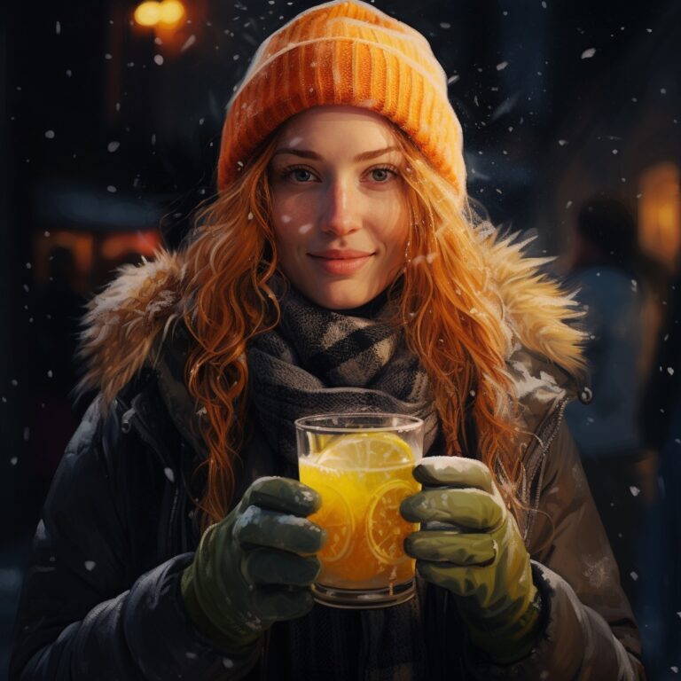 a person in winter clothes holding a glass filled with a vibrant yellow Lemon-Ginger Elixir, garnished with a slice of lemon and grated ginger