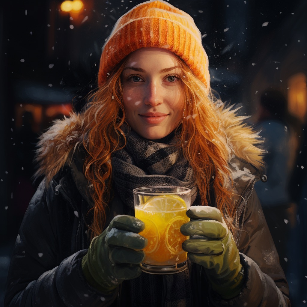 a person in winter clothes holding a glass filled with a vibrant yellow Lemon-Ginger Elixir, garnished with a slice of lemon and grated ginger