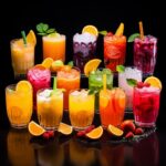 Stunning collage of orange juice drinks, featuring classic orange juice, orange-mango blend, and orange-beet juice, beautifully presented with fruit garnishes and ice cubes, enticing readers to explore refreshing drink recipes.