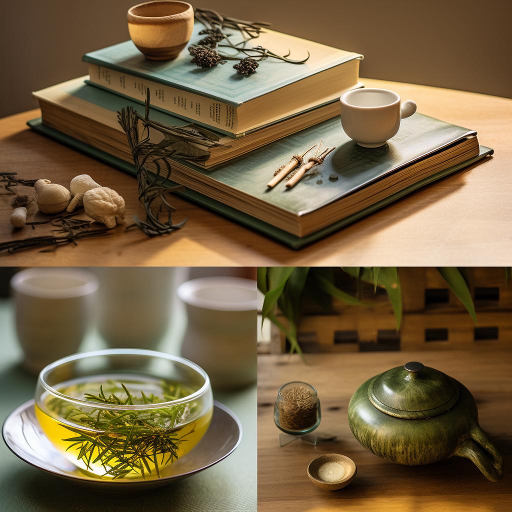 A whimsical and vibrant collage showcasing the alluring aspects of Dragonwell Tea. The collage comprises various visuals, including lush tea leaves, a charming cup of tea beside an open book and a tranquil meditation space. These elements represent the profound connection between Dragonwell Tea and nurturing practices for holistic well-being—encompassing the mind, body, and spirit. Furthermore, a delightful cup of tea harmoniously accompanies a bowl brimming with fresh fruits while nestled amidst a cozy blanket. This evokes the notion of indulging in self-care and cherishing nourishing moments with every sip of delightful Dragonwell Tea.