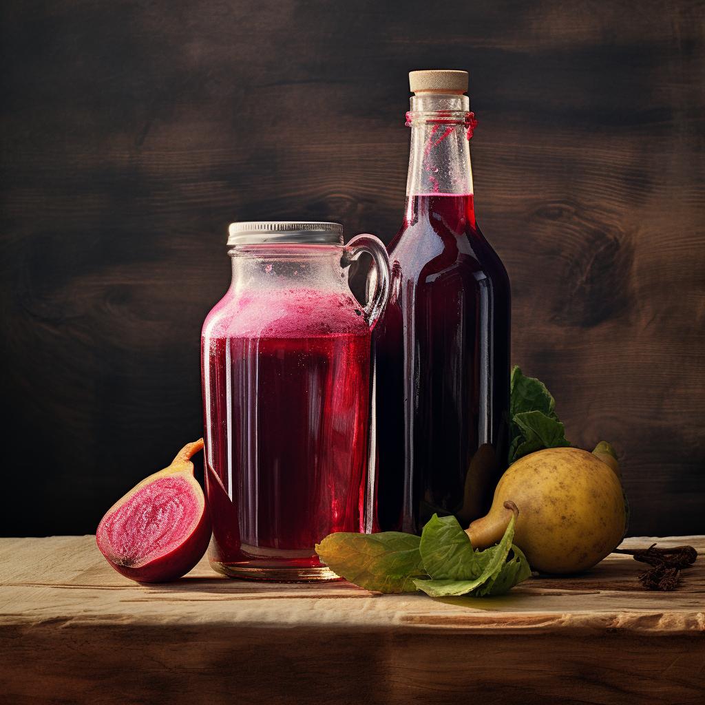 Artistic composition featuring a bottle of kombucha and a bottle of freshly pressed beet juice arranged on a wooden surface, highlighting complementary aspects of both beverages in a weight loss context.