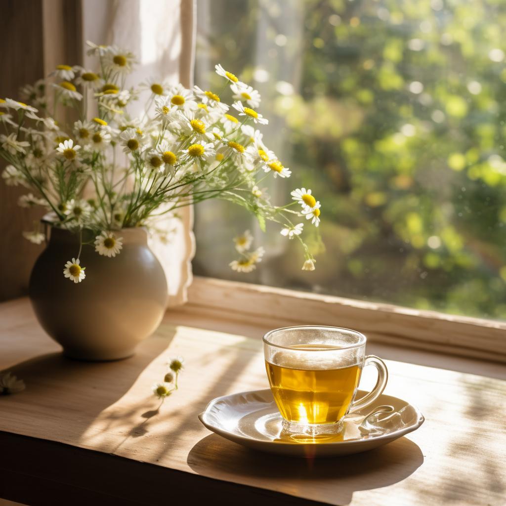 A cup of chamomile tea, representing relaxation and serenity, enjoyed amidst a peaceful environment.