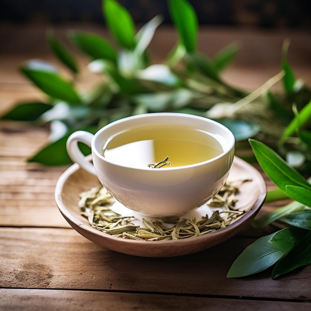 a cup of white tea with white tea leaves or a tea-related symbol, representing the connection between white tea and health benefits