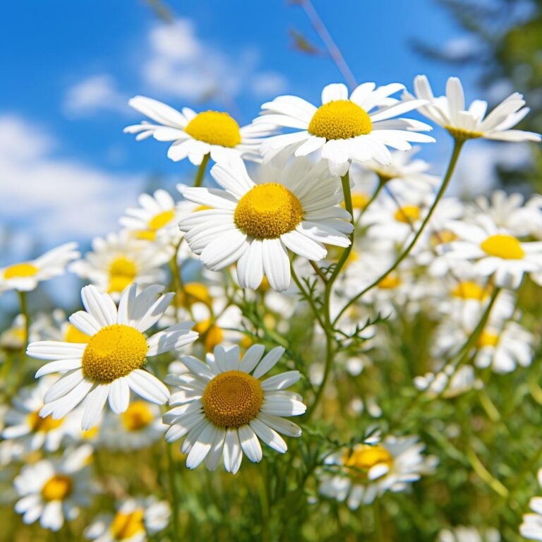 A close-up shot of vibrant chamomile flowers in full bloom, with delicate white petals and bright yellow centers. The image captures the natural beauty and essence of chamomile tea, as the flowers gently sway in the breeze.