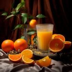 A refreshing glass of orange juice with pulp, adorned with slices of delectable fruit.