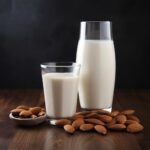 a humorous comparison between almond milk and regular milk, with a glass of almond milk and a glass of regular milk side by side, highlighting the debate around dairy alternatives