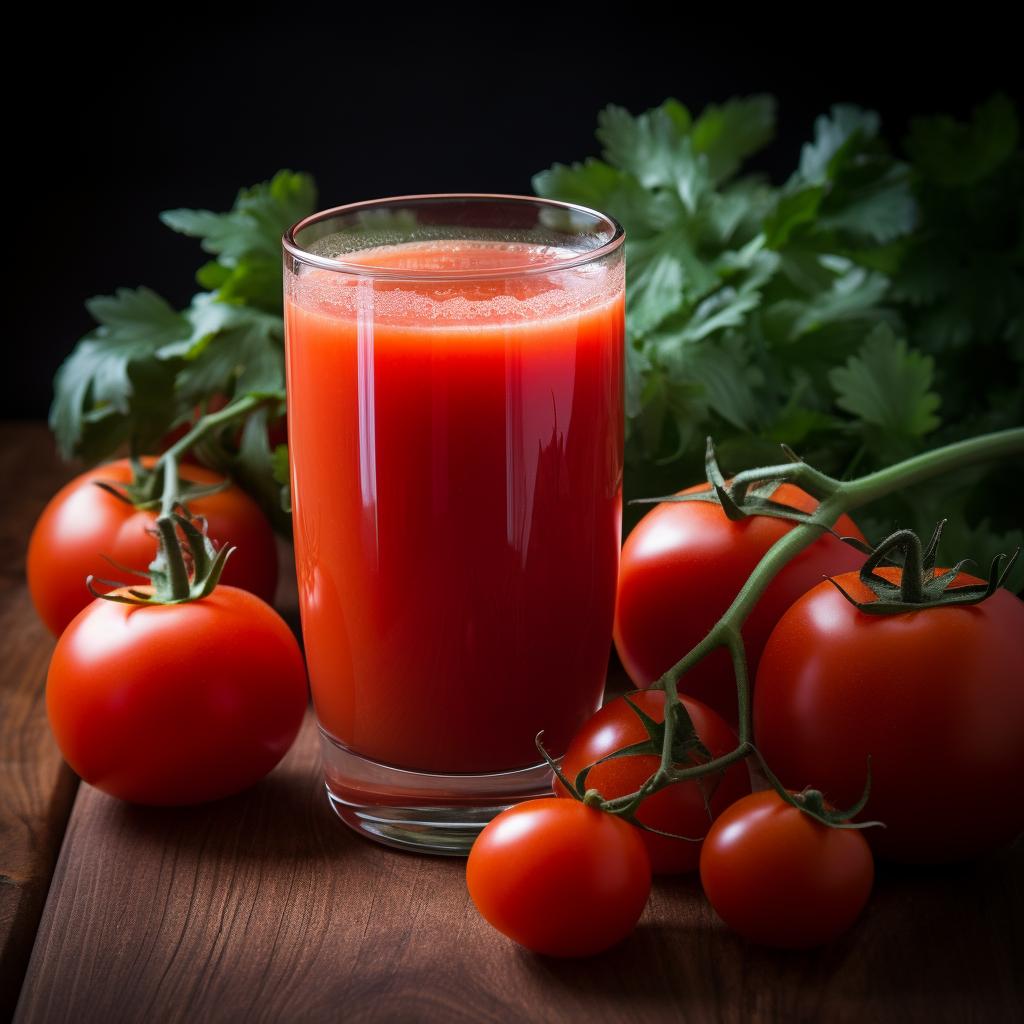 a glass of tomato juice with fresh tomatoes