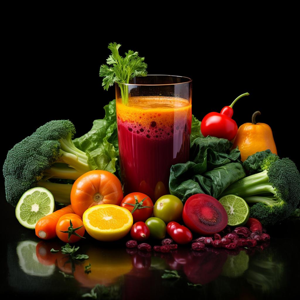 A vibrant glass of nutrient-rich vegetable juice displaying an array of colorful vegetables or a symbol depicting the link between vegetable juice and its nutritional value.