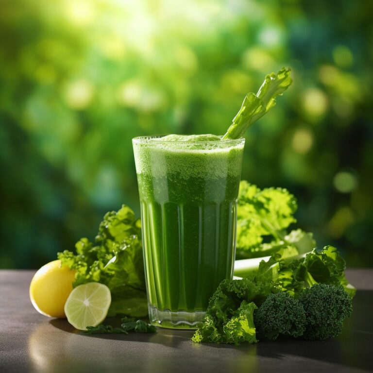 An image of a refreshing glass of green vegetable juice, made from a combination of vibrant green vegetables. This imagery represents the diabetes-friendly qualities of green vegetable juice in a stylized manner