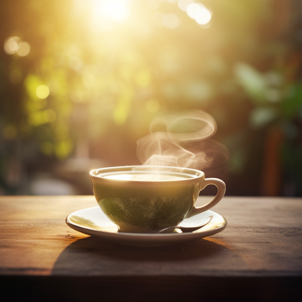 An enticing cup of steaming green tea with vibrant green tea leaves as background, evoking a cozy and soothing ambience.