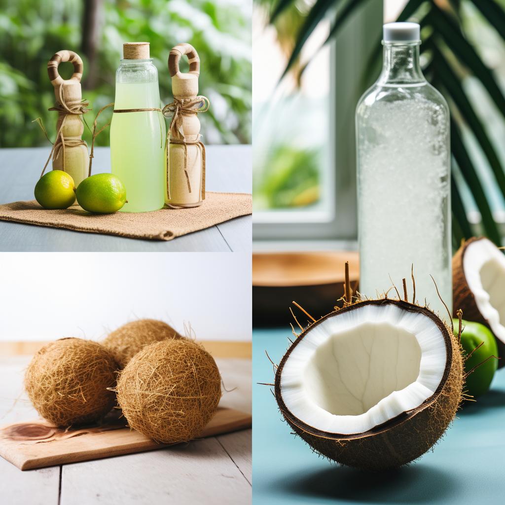 A vibrant collage showcasing the refreshing and nutritious properties of coconut water. It features coconuts, coconut water bottles, and tropical fruits, representing the natural hydration and health benefits of this beverage. Alongside is a glass of coconut water next to a yoga mat and exercise equipment, highlighting how it can support an active lifestyle.