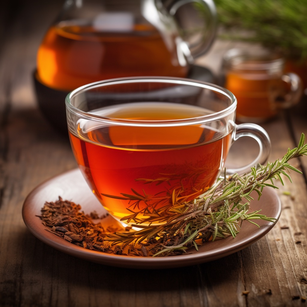 A cup of antioxidant-rich rooibos tea with vibrant rooibos leaves, representing the nurturing and nourishing qualities of this holistic beverage.