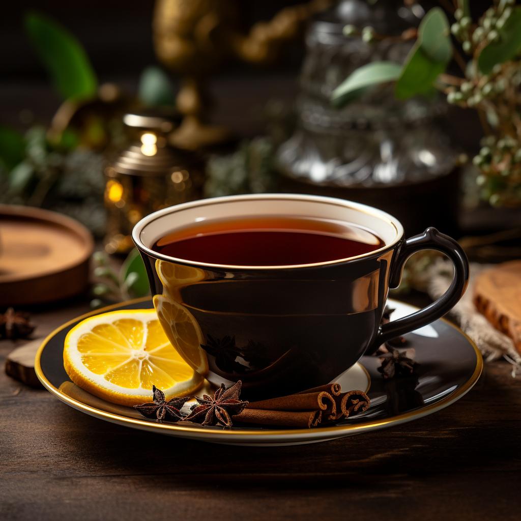 A captivating image of a cup of black tea, showcasing its rich and dark infusion. Steam rises gracefully, hinting at its inviting aroma. A slice of lemon adds a citrusy twist on the saucer. The cup is set against a backdrop of tea leaves, highlighting the key ingredient.