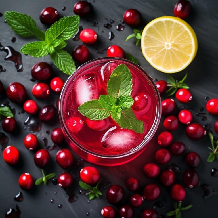 A mouthwatering flat lay image showcasing the vibrant colors and flavors of cranberry juice. A refreshing glass of cranberry juice takes center stage, surrounded by juicy fresh cranberries, zesty orange slices, and aromatic mint leaves. This enticing composition highlights the numerous health benefits and irresistible appeal of cranberry juice.