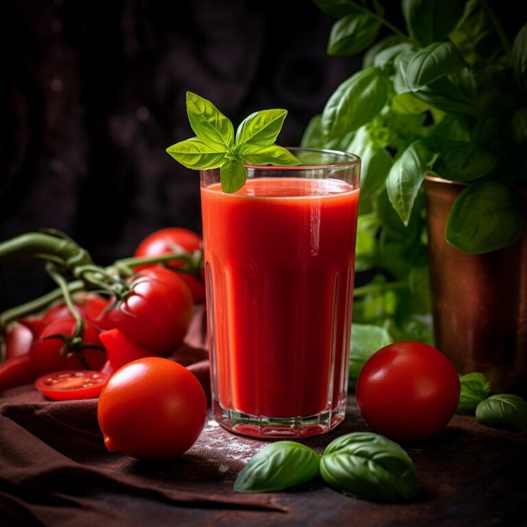 A playful and lively image showcasing the epitome of healthy indulgence - a glass of beautifully vibrant tomato juice. The glass is brimming with freshly squeezed tomato goodness, celebrating its enticing deep red hue and crystal-clear purity. A dainty sprig of aromatic basil sits gracefully on the glass rim, teasing your senses with its herbaceous charm. Completing this mouthwatering visual feast, ripe tomatoes create a tempting backdrop that effortlessly sings praises to the freshness and untainted allure of tomato juice.