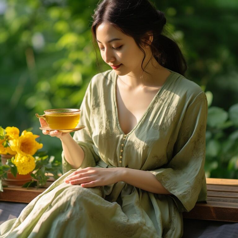 A snapshot of a serene garden scene where a Chinese individual is savoring a delightful cup of Dragon Pearls Tea. The person sits amidst vibrant flowers and lush foliage, finding solace in the peacefulness of nature. Holding a teacup brimming with the aromatic tea, they bask in the tranquility of the moment. This image embodies harmony and underscores the connection between health and our natural surroundings.