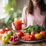 An image of a person with a diabetes-friendly diet - a glass of tomato juice is being enjoyed alongside a plate of fresh veggies, whole grains, and lean proteins. This image promotes the idea of including tomato juice in a balanced and nutritious diet for individuals with diabetes.