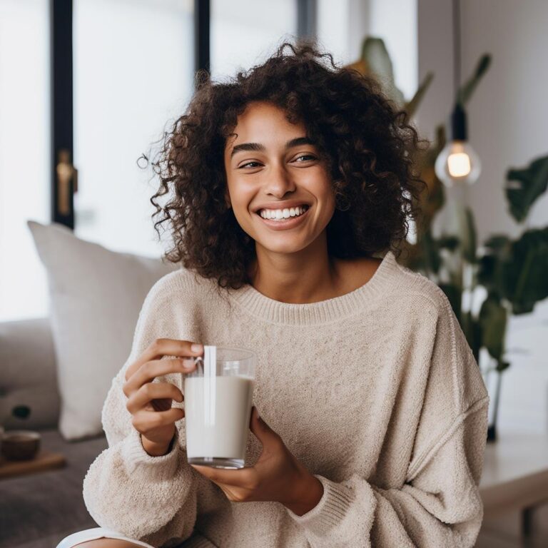 A person sitting in a cozy corner with an almond milk glass in their hands, wearing a contented smile as they take a sip. This image suggests the joy of incorporating almond milk into a healthy and balanced lifestyle, encouraging viewers to discover its calcium-rich benefits.