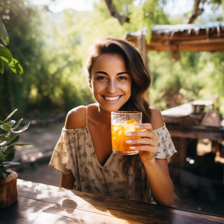 An image of Susan sitting outside in a tranquil natural setting. She holds a glass of kombucha with both hands, enjoying its tangy and effervescent flavor. The vibrant greenery surrounding her suggests a sense of vitality and well-being associated with consuming probiotic-rich kombucha.