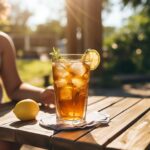 A person enjoying a glass of homemade iced tea outdoors. Sitting at a picnic table, basking in sunlight. Holding a glass of iced tea with a straw and lemon wedge for added flavor. Conveys relaxation and well-being, highlighting the enjoyment of homemade iced tea as a healthier alternative.