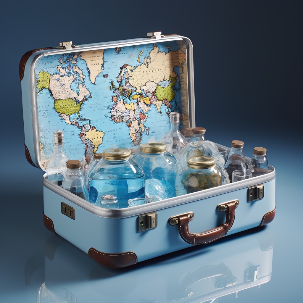 a playful representation of the connection between travel and hydration, featuring a suitcase adorned with a colorful world map pattern alongside a glass of water or a travel bottle.