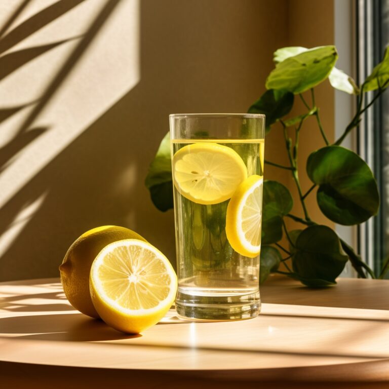 A refreshing glass of lemon water with slices of zesty lemons and a detox symbol, symbolizing the strong link between lemon-infused water and the process of detoxification.