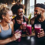 Lifestyle image of fitness enthusiasts post-workout, joyfully savoring glasses of beet juice as a refreshing and nutritious recovery drink, illustrating the role of beet juice in enhancing well-being.