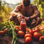 Active lifestyle with person holding tomato juice bottle, surrounded by detoxifying fruits and vegetables, illustrating the connection between tomato juice and body detox.