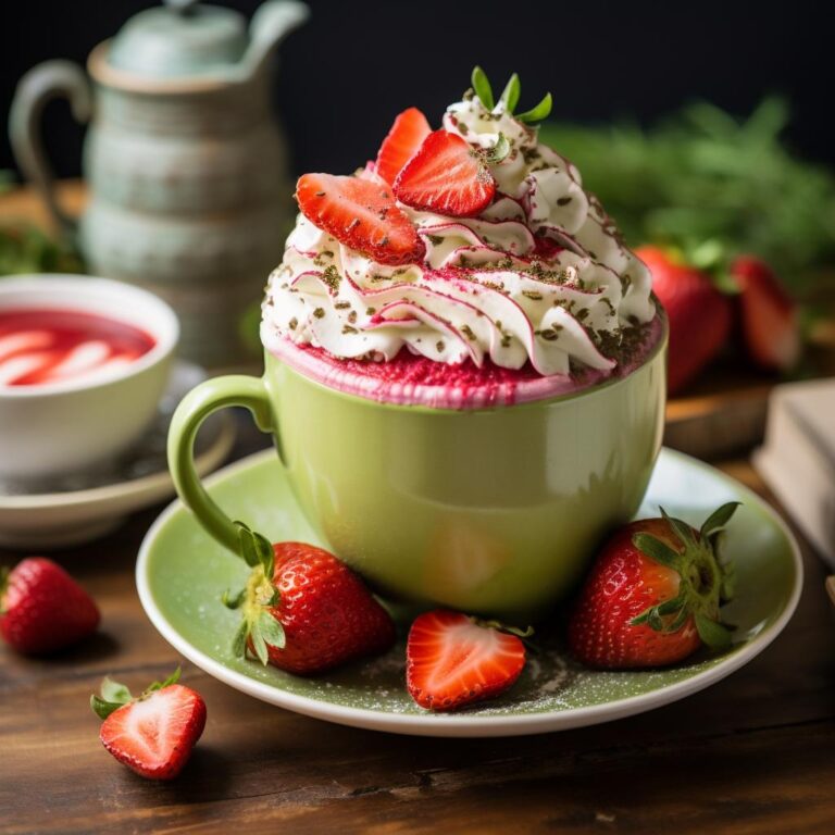 An irresistible cup of strawberry matcha latte. The ceramic cup holds a mesmerizing concoction, blending the lively green hue of matcha with the delightful essence of strawberries. A playful swirl of whipped cream crowns this masterpiece, adorned with sliced strawberries for a tantalizing touch. Nestled on a rustic wooden surface, it's surrounded by plump fresh strawberries and a dusting of matcha powder—a captivating sight for any beverage enthusiast.