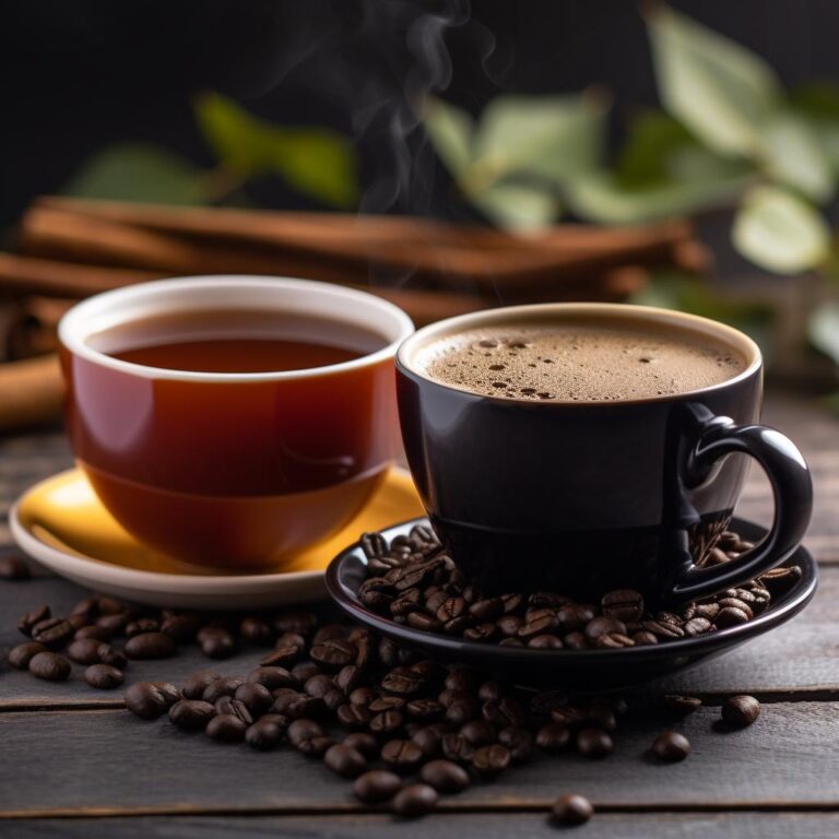 A cheeky comparison between a cup of black tea and coffee. The black tea is bold and full-bodied, while the coffee is creamy and aromatic. The cups are surrounded by tea leaves and a coffee bean, representing the debate between black tea and coffee lovers.