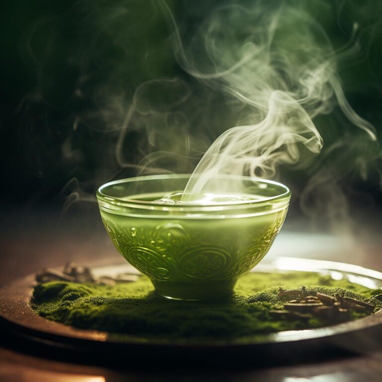 A close-up shot of a cup of steaming Chinese green tea, with wisps of steam rising from the surface. The holistic and organic approach to healthy drinks shines through in this comforting and energizing ancient beverage.