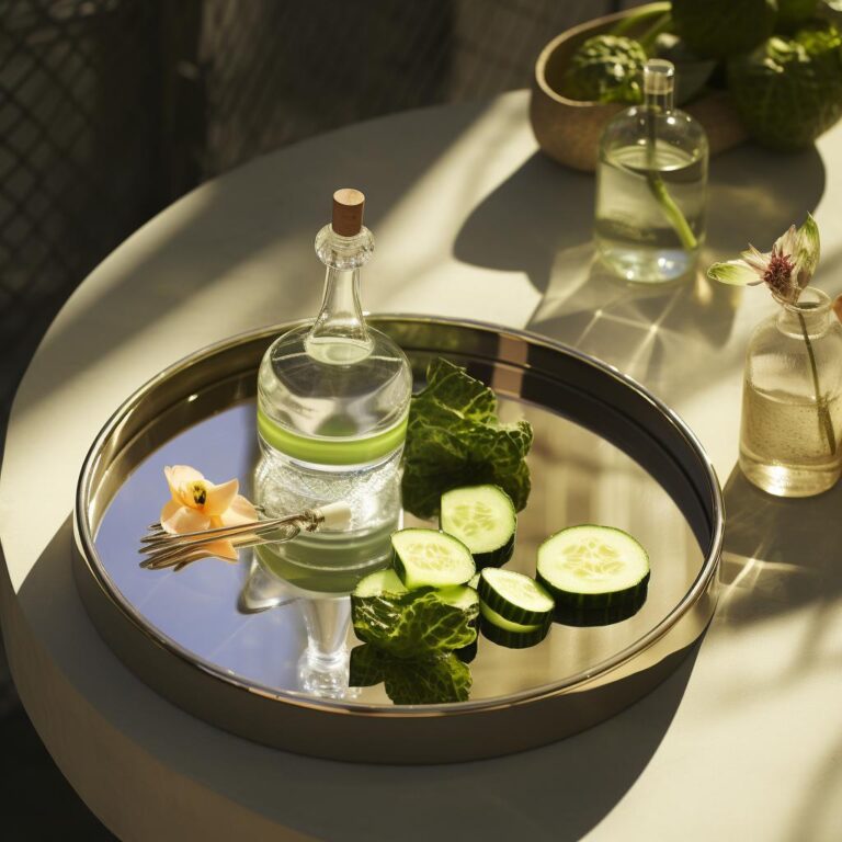 Overhead view of serene spa with cucumber water station, offering guests the rejuvenating benefits of cucumber-infused water while relaxing