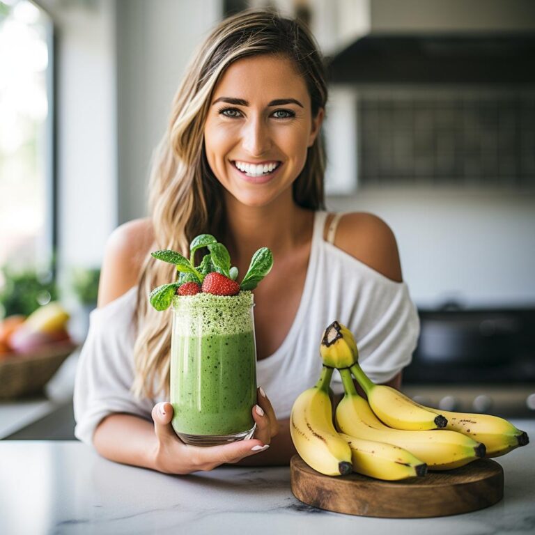 A person who is friendly and outgoing holds a glass of probiotic-rich smoothie. The glass is filled with a vibrant green smoothie made with spinach, banana, kefir, and topped with chia seeds. They stand in a bright and airy kitchen surrounded by fresh fruits and vegetables, showcasing vitality and the integration of probiotics into daily healthy habits.